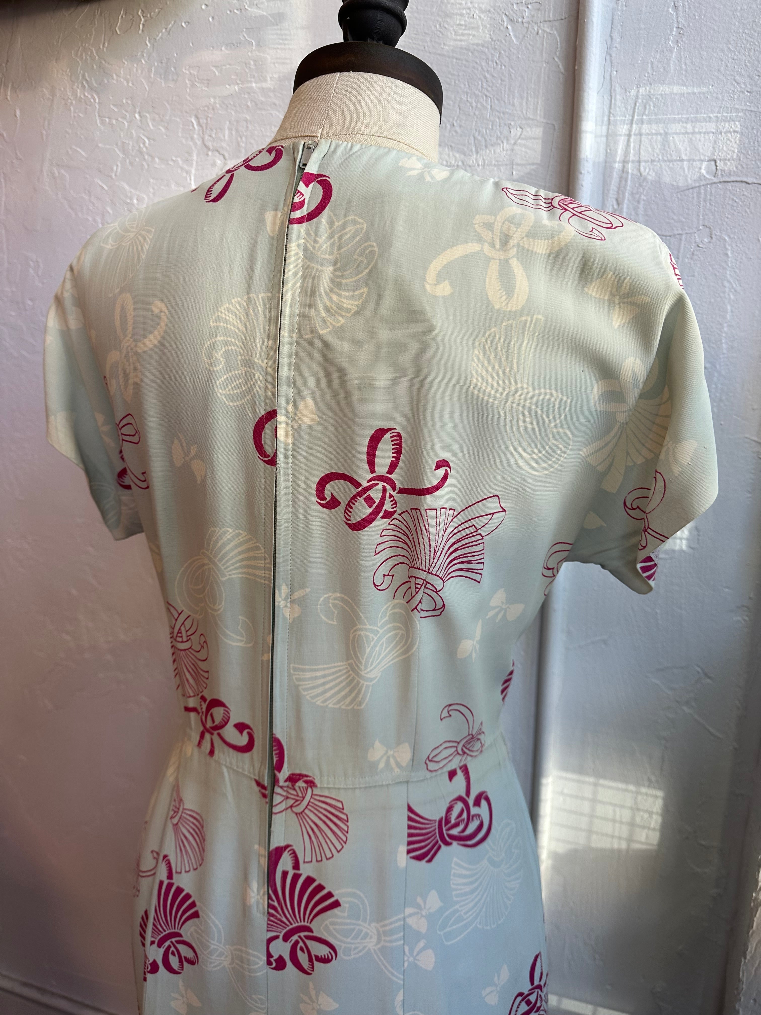 40s/50s tassel print rayon dress