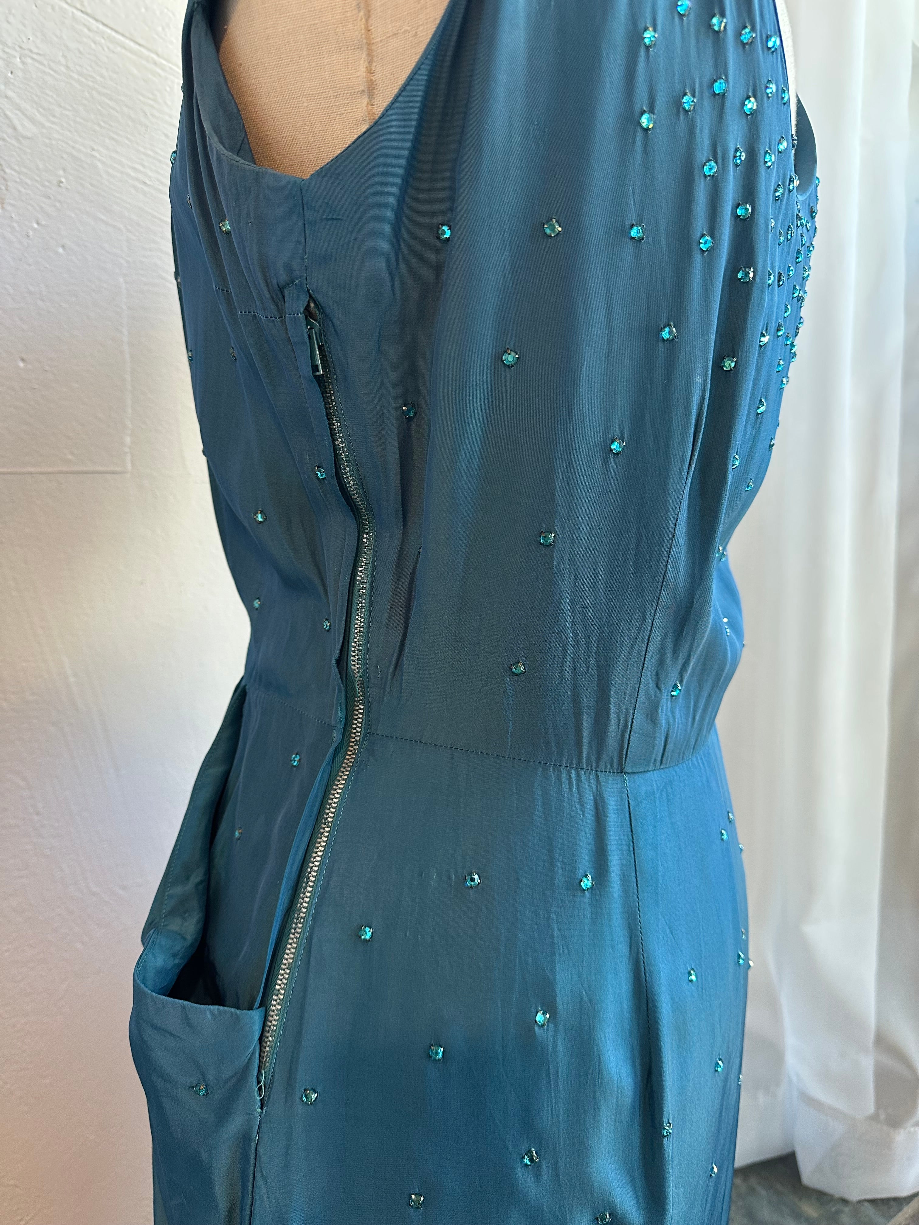 50s turquoise I.Magnin rhinestone dress