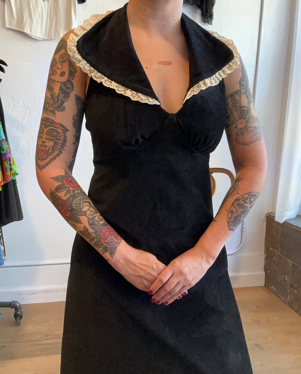 70s Byer black halter maxi w/collar