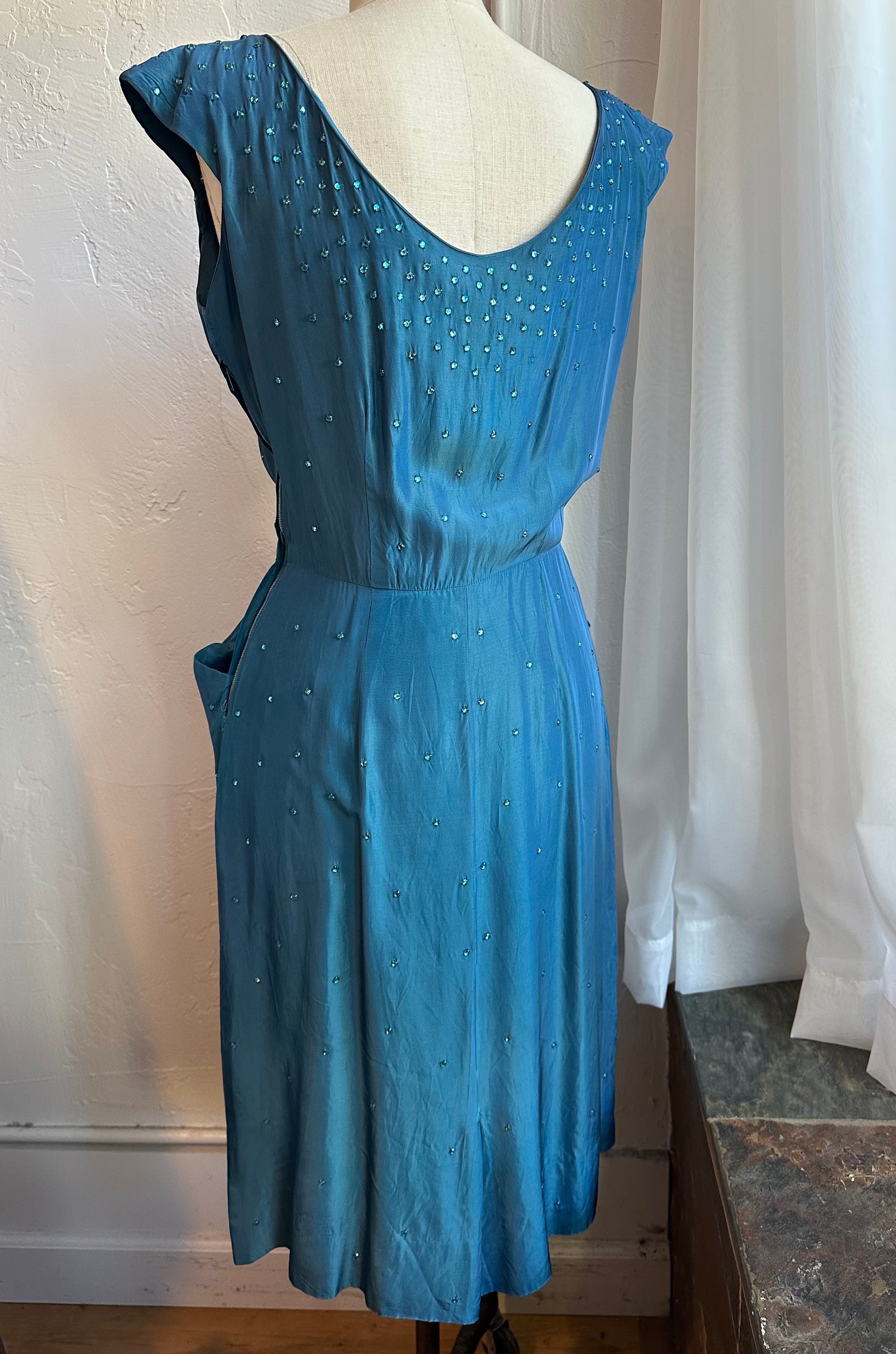 50s turquoise I.Magnin rhinestone dress
