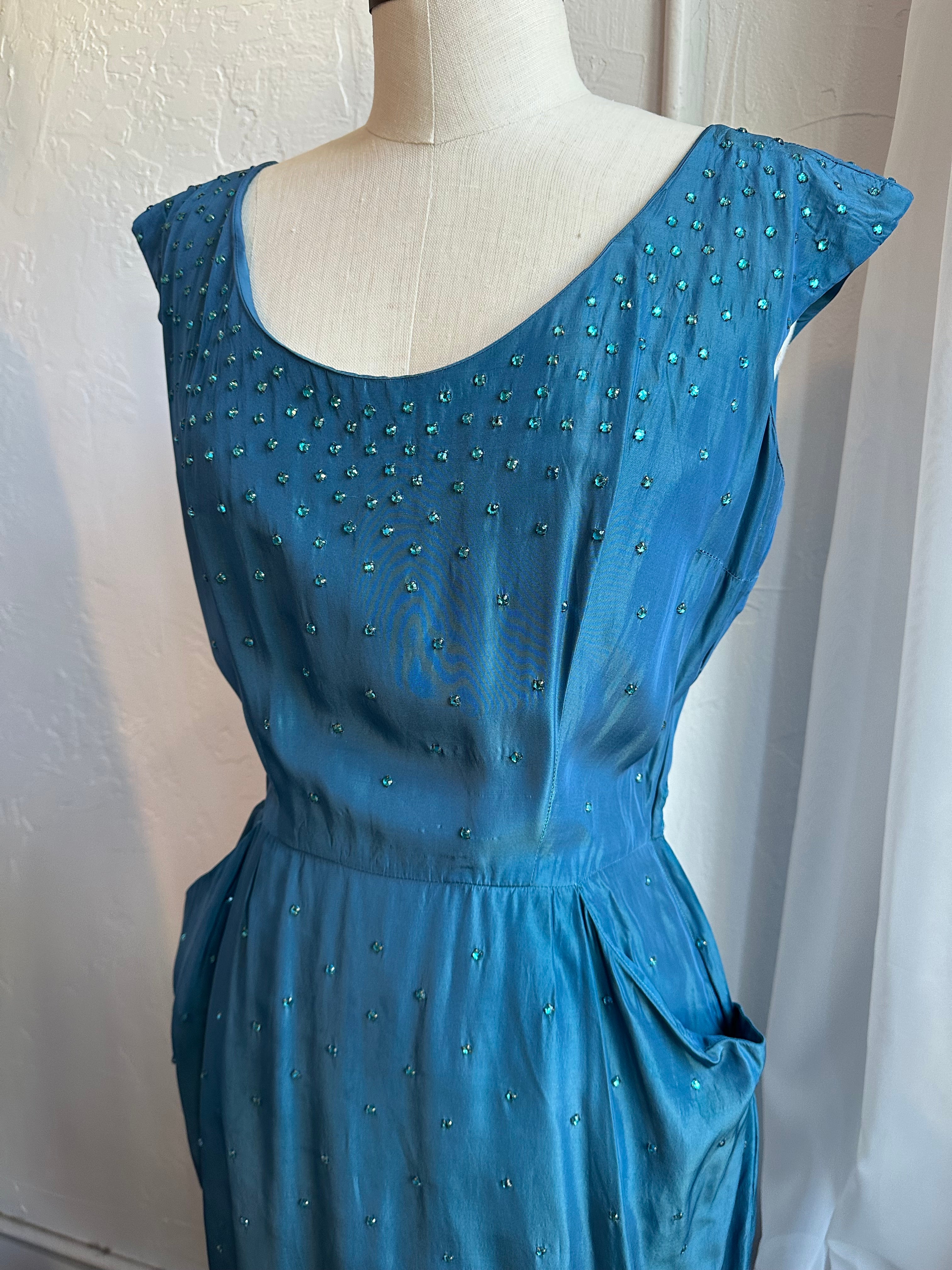 50s turquoise I.Magnin rhinestone dress