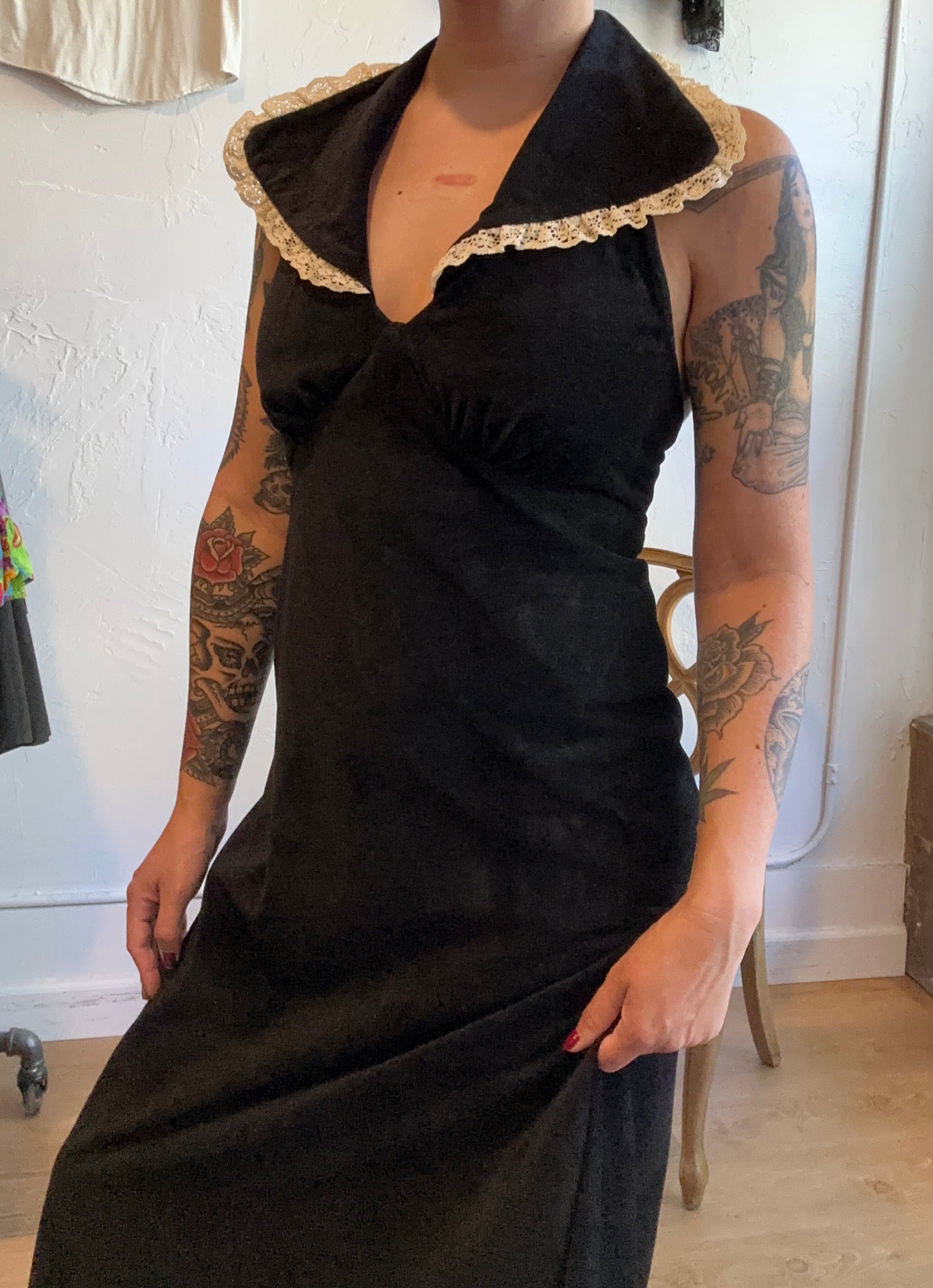 70s Byer black halter maxi w/collar