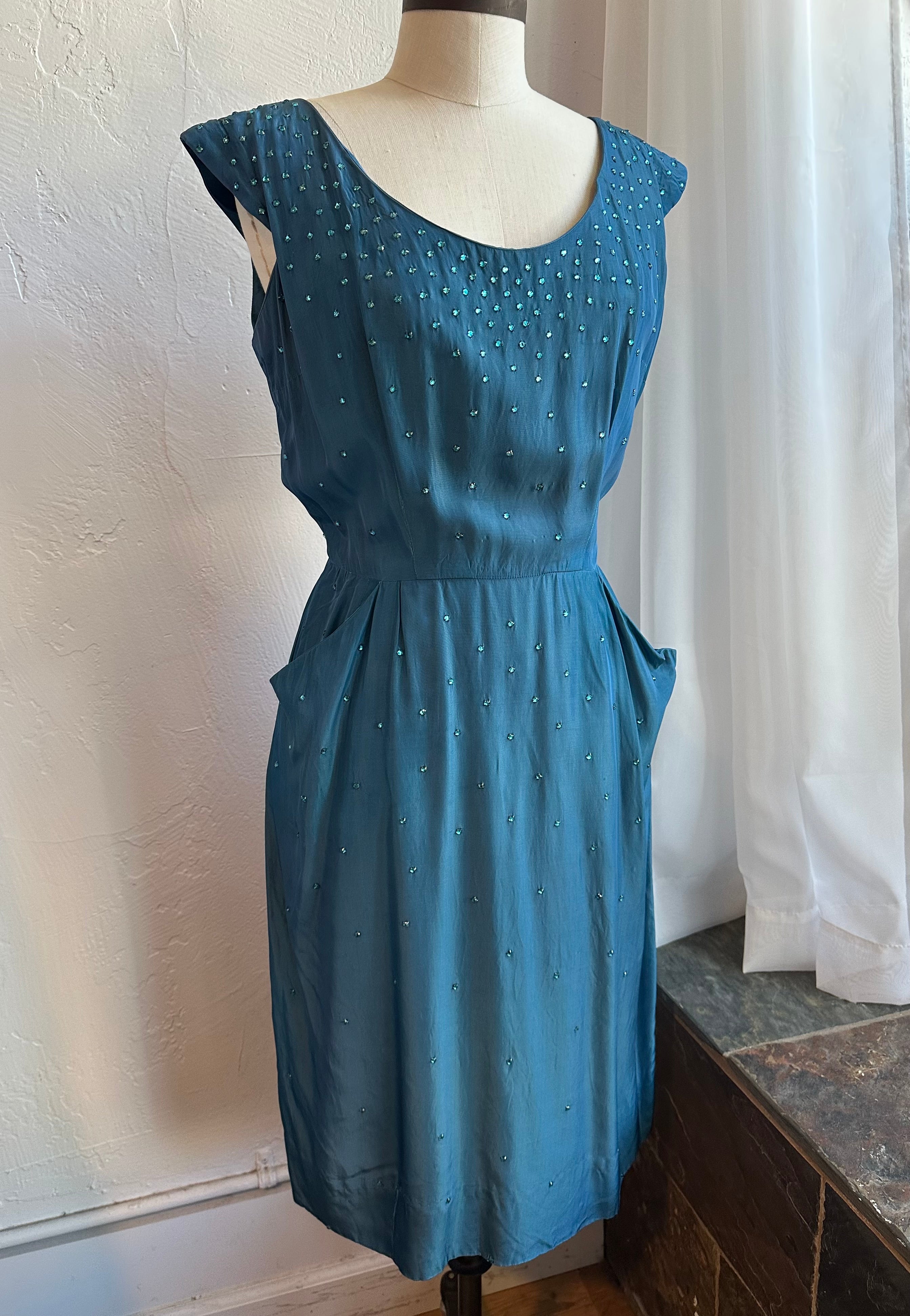 50s turquoise I.Magnin rhinestone dress