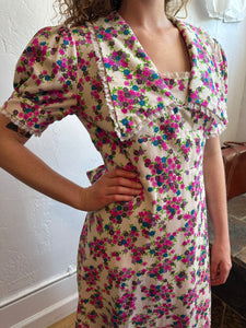 70s Barkcloth White Floral Maxi Dress