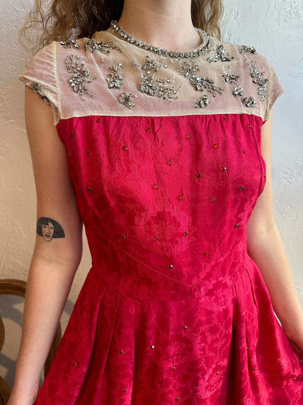 50s pink rhinestone dress
