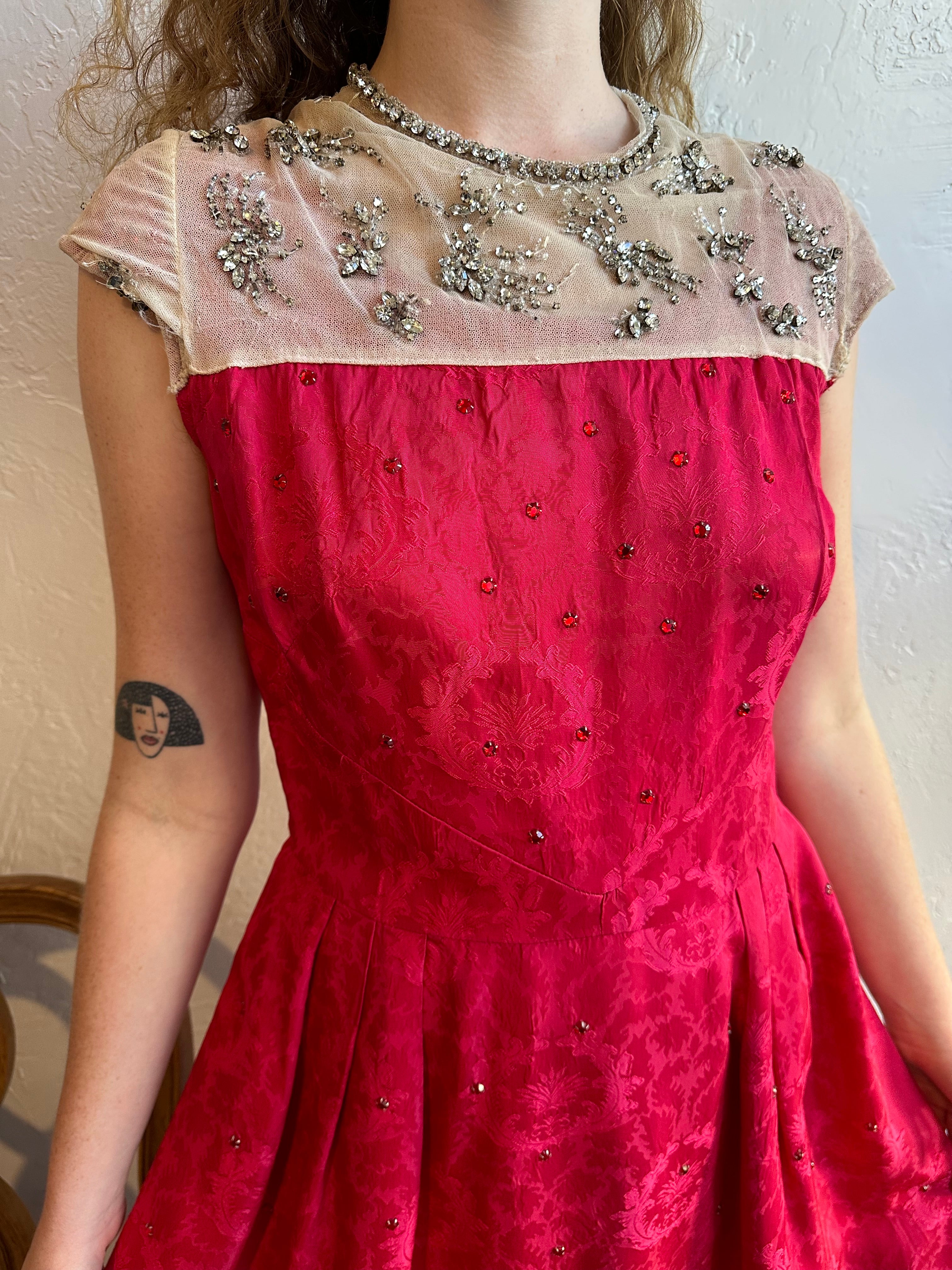 50s pink rhinestone dress