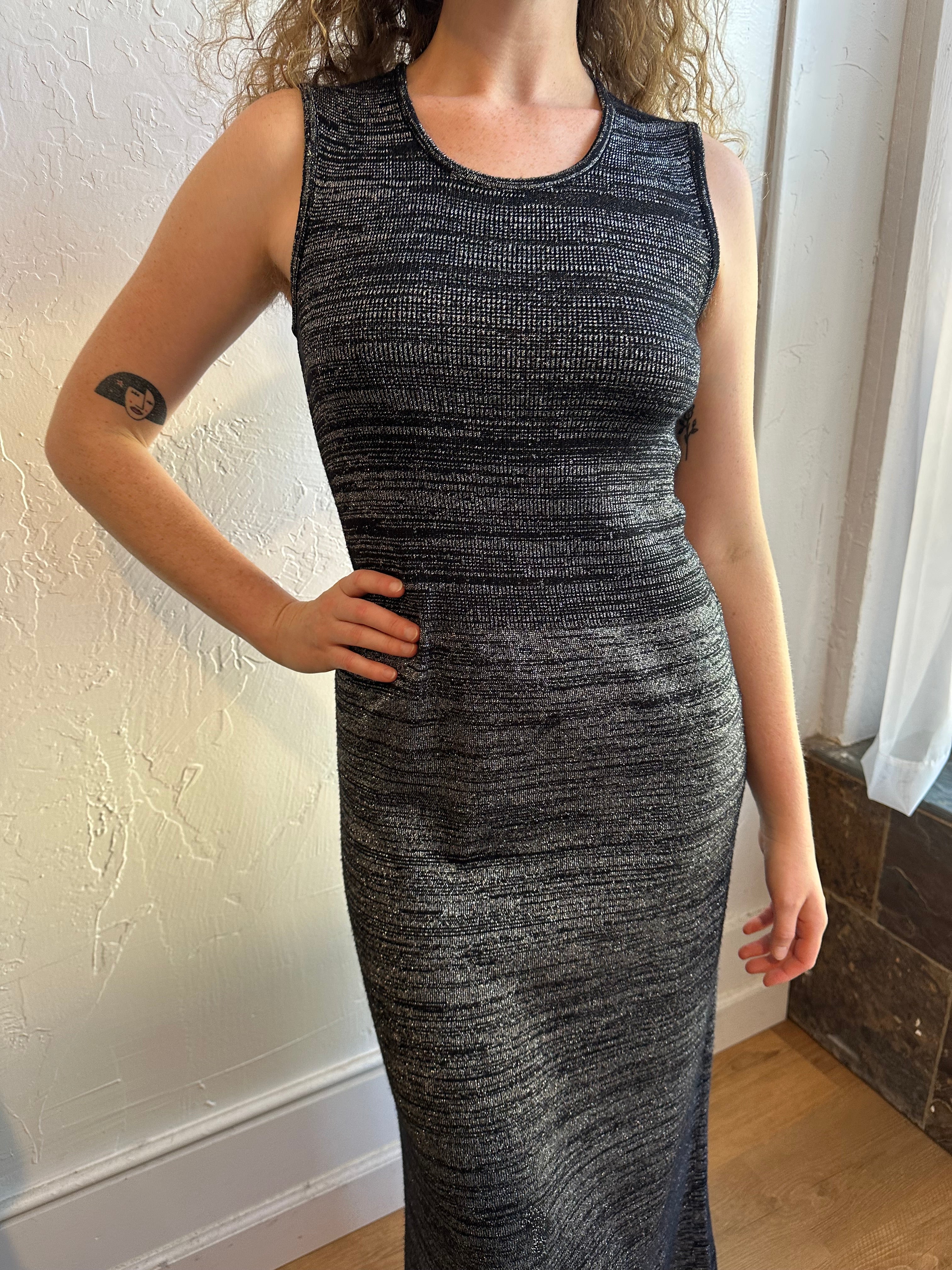 70s metallic dress Vintage 70s Metallic Knit Midi Dress: Purple Chevron Flared Sleeve