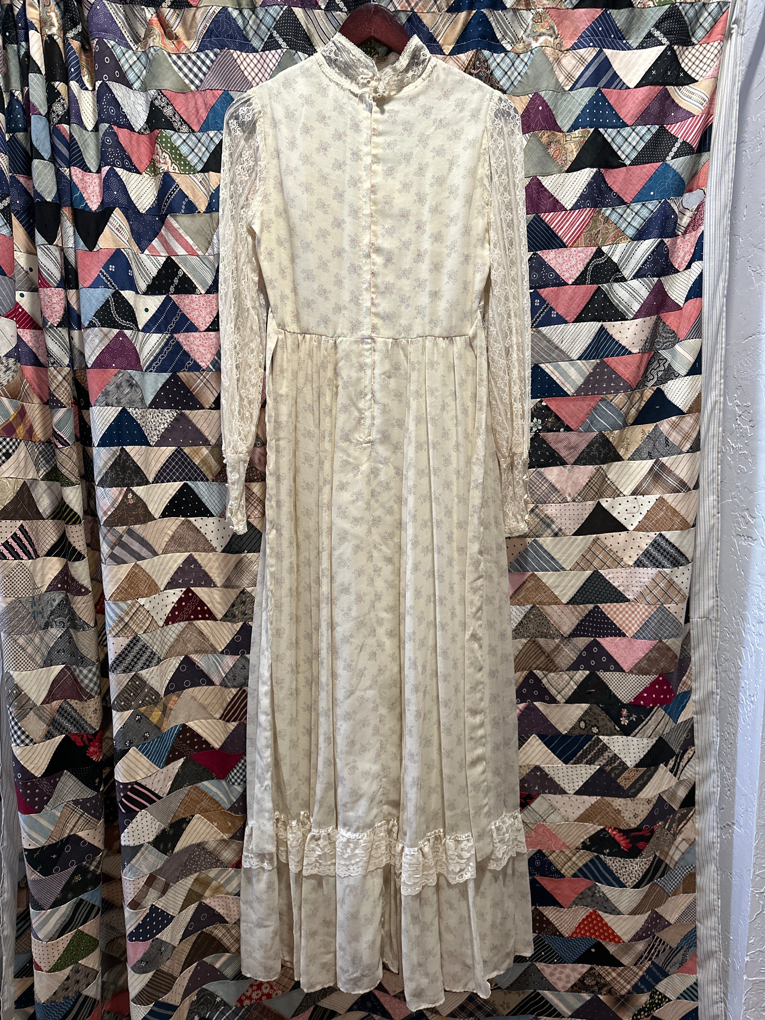 Gunne Sax high neck lace & floral long sleeve maxi dress