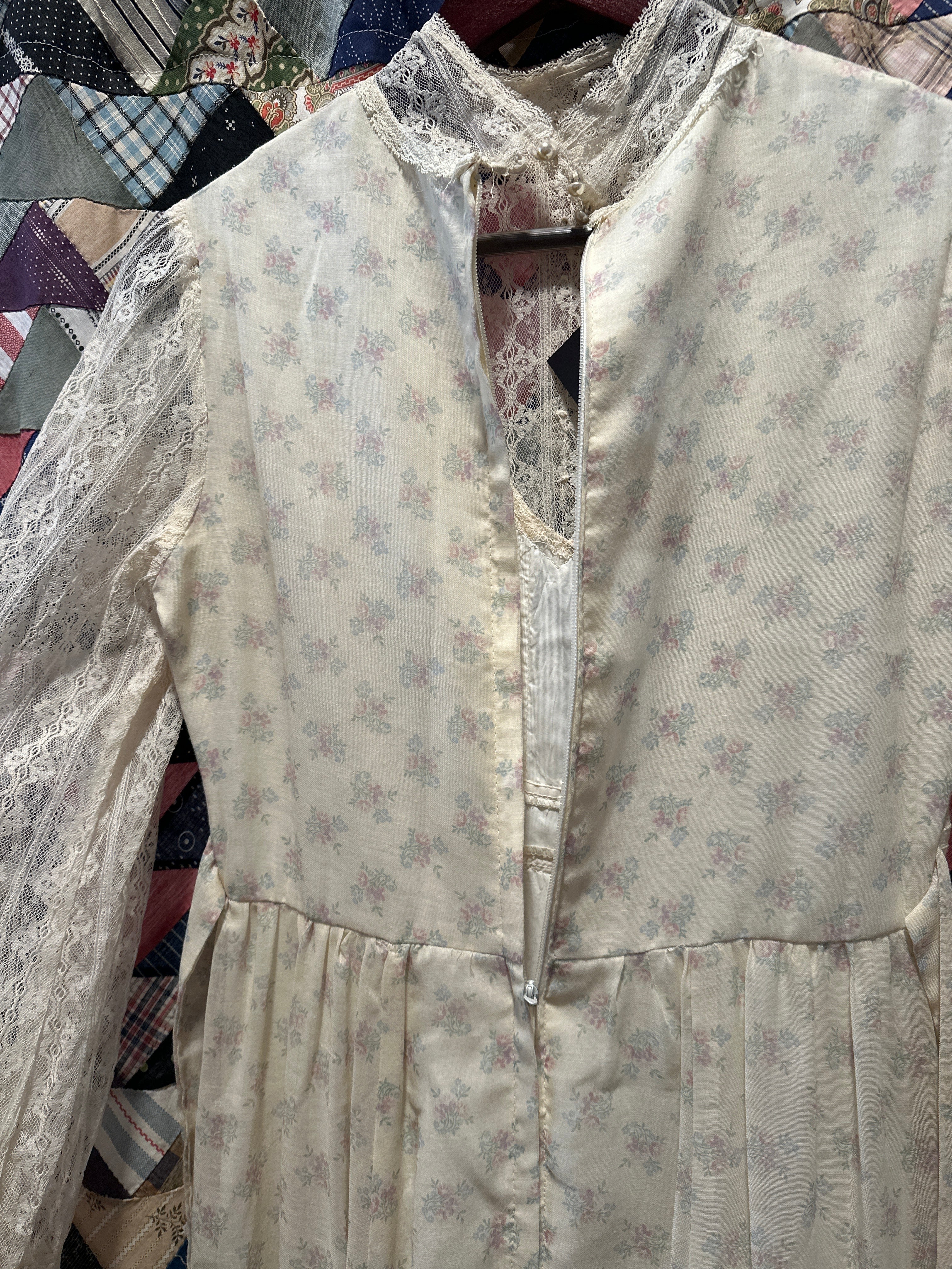 Gunne Sax high neck lace & floral long sleeve maxi dress