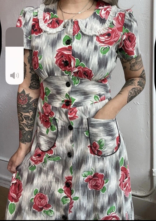 40s rose print button front dress