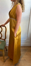 Load image into Gallery viewer, 60s/70s Gold satin maxi dress
