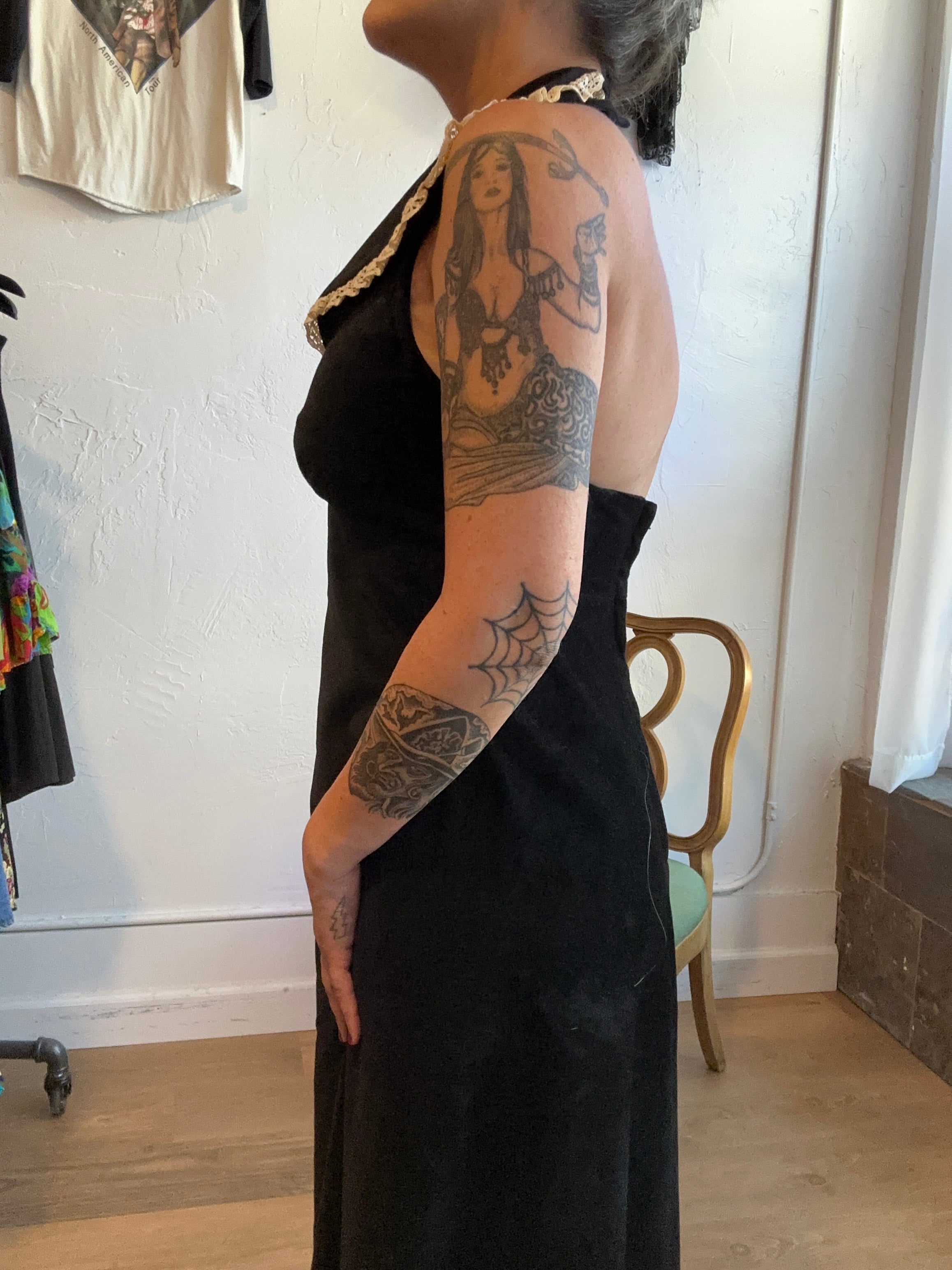 70s Byer black halter maxi w/collar