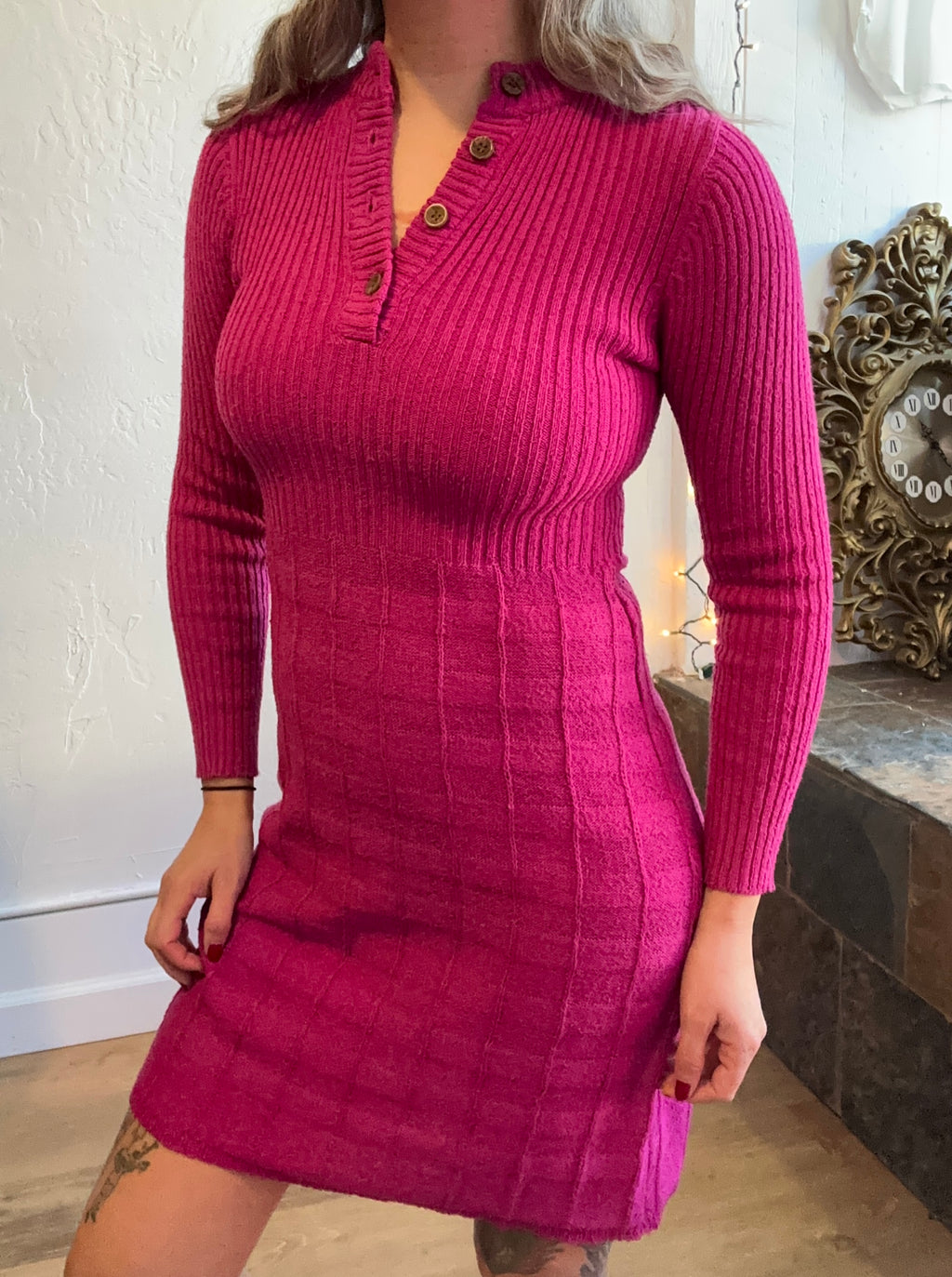 70s Young East hot pink knit sweater dress