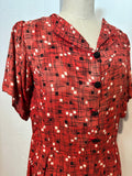 40s red/blk/white print rayon dress