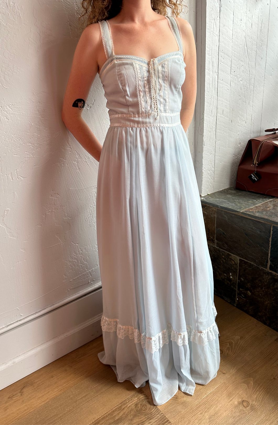 Gunne Sax baby blue maxi dress