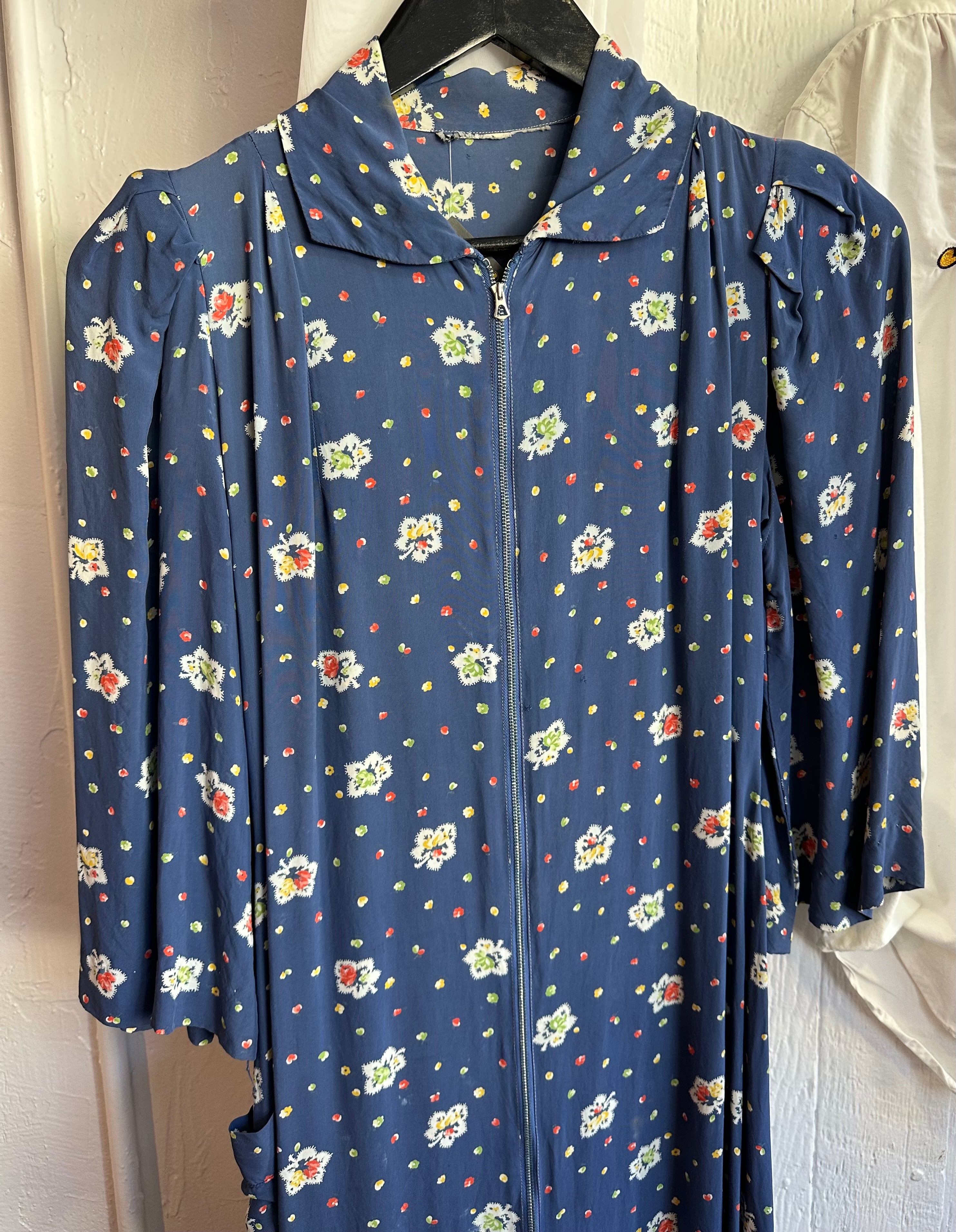 40s rayon blue floral zip up dress