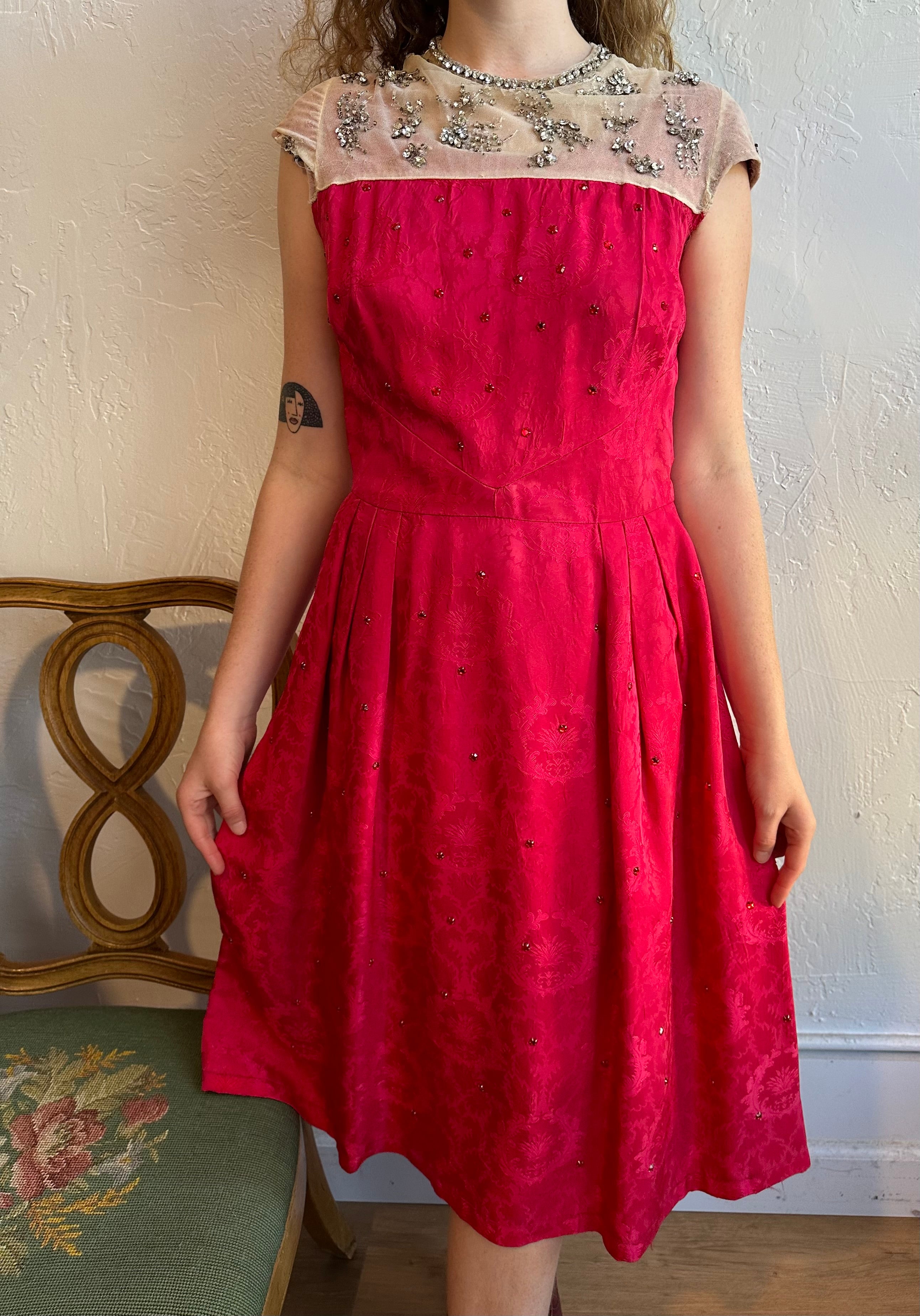 50s pink rhinestone dress