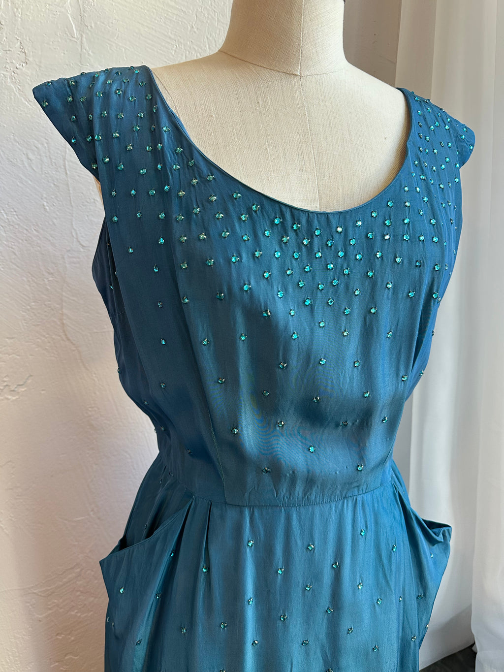 50s turquoise I.Magnin rhinestone dress