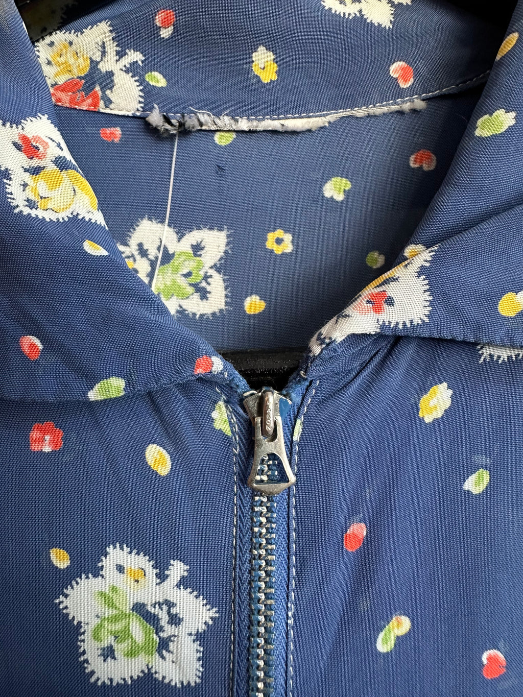 40s rayon blue floral zip up dress