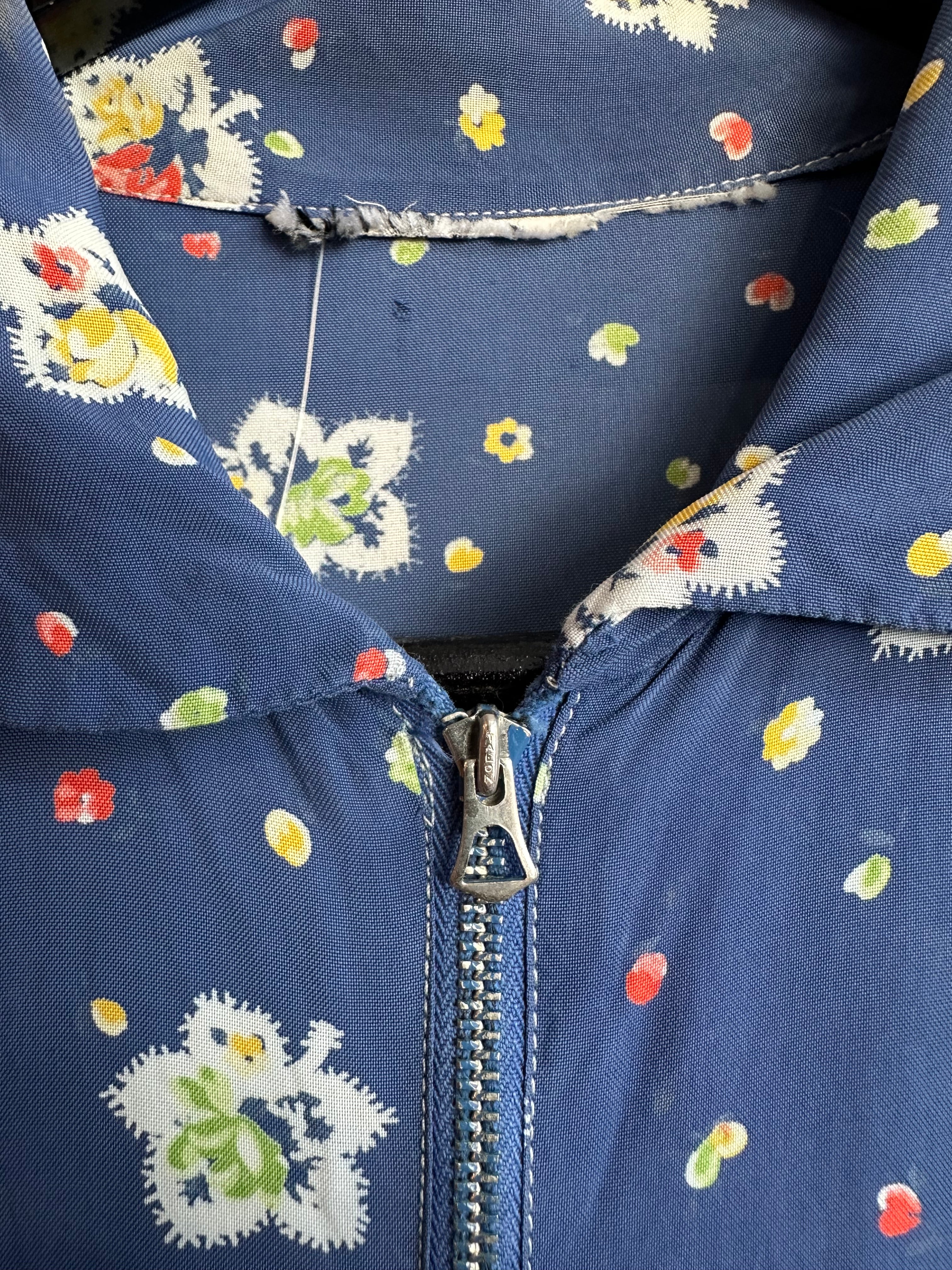 40s rayon blue floral zip up dress