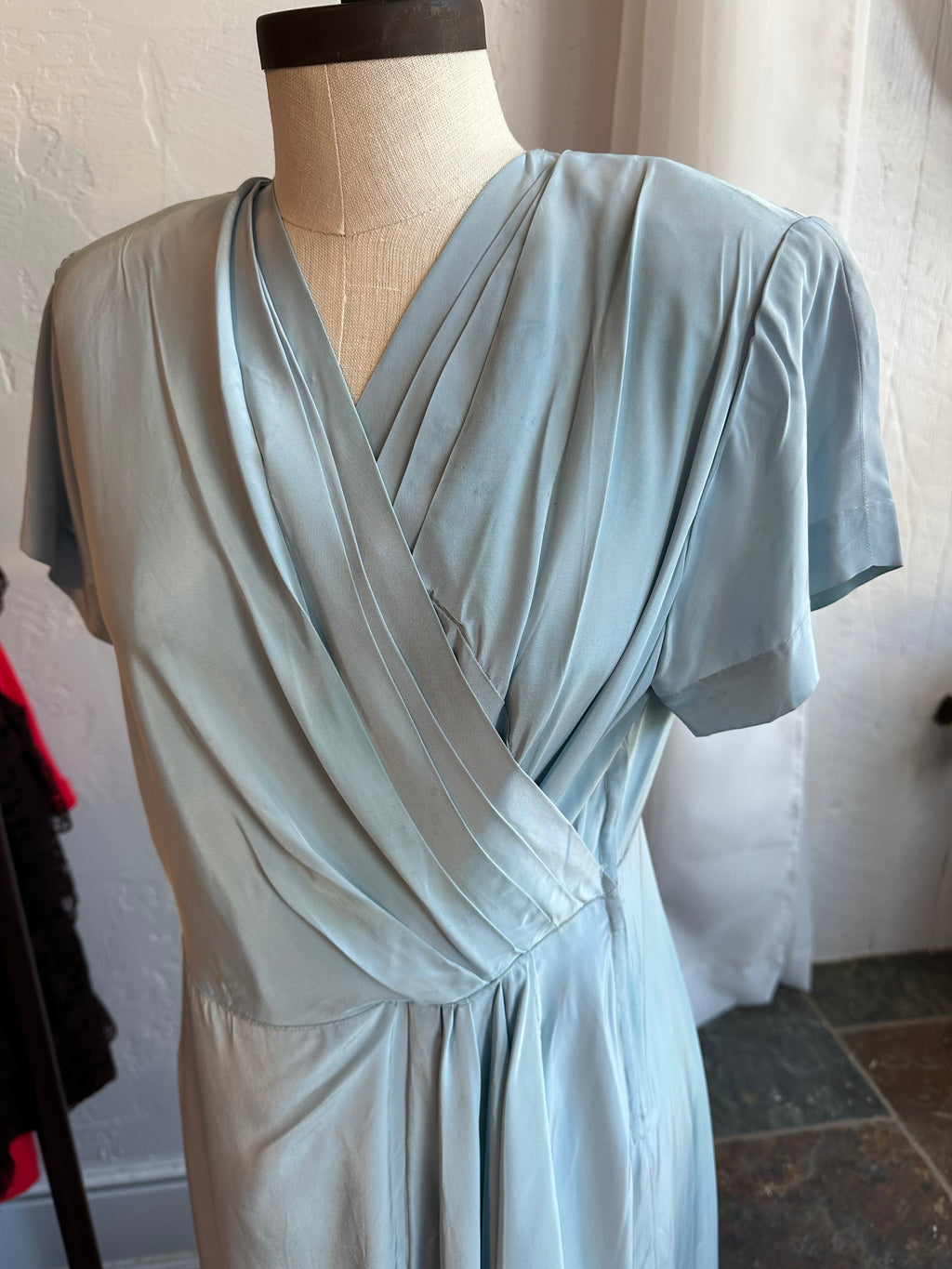 40s baby blue rayon gathered dress