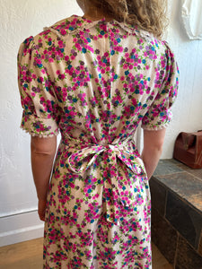 70s Barkcloth White Floral Maxi Dress