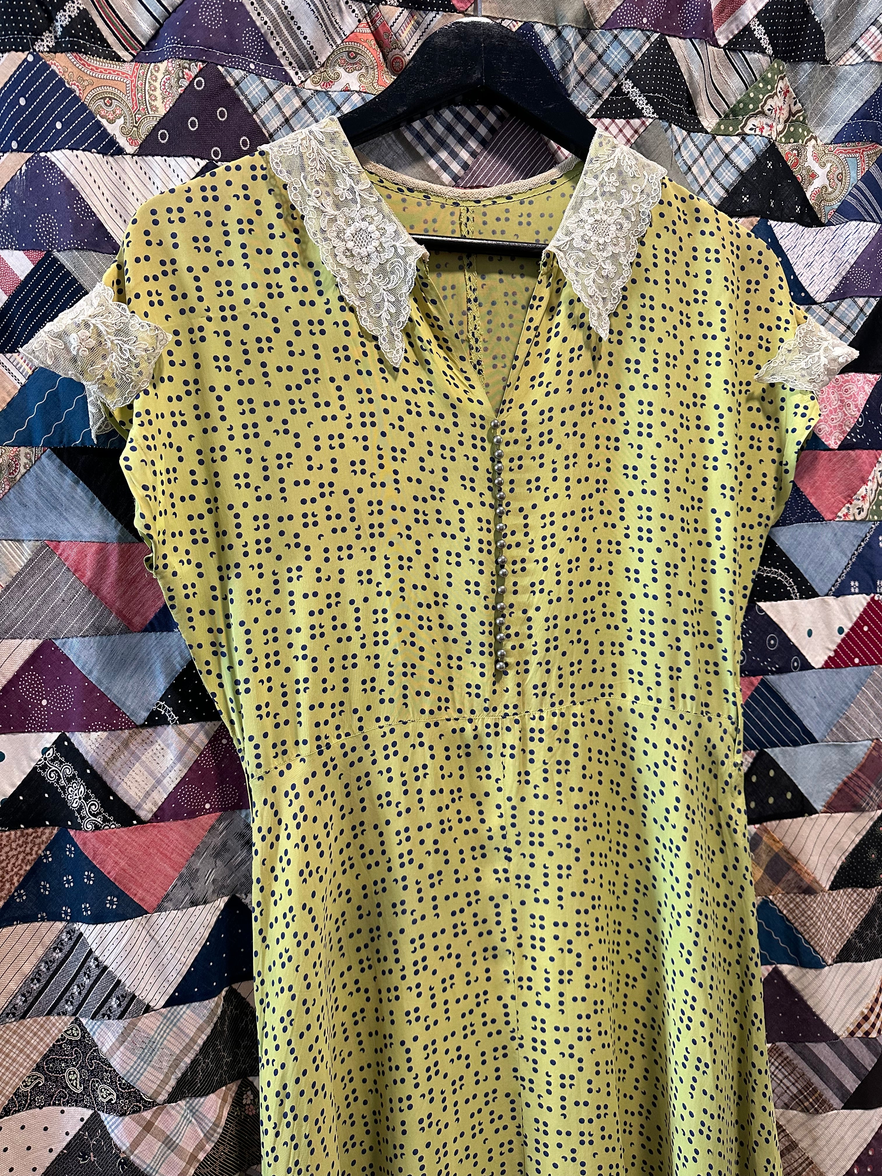 30s/40s lime green dot rayon dress
