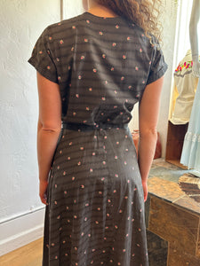 40s gray rose cotton button front dress