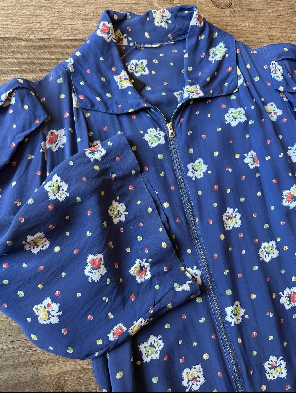 40s rayon blue floral zip up dress
