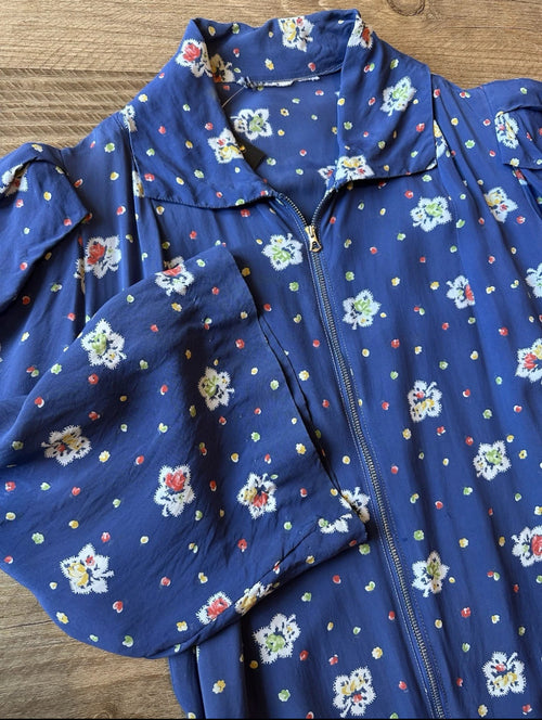 40s rayon blue floral zip up dress