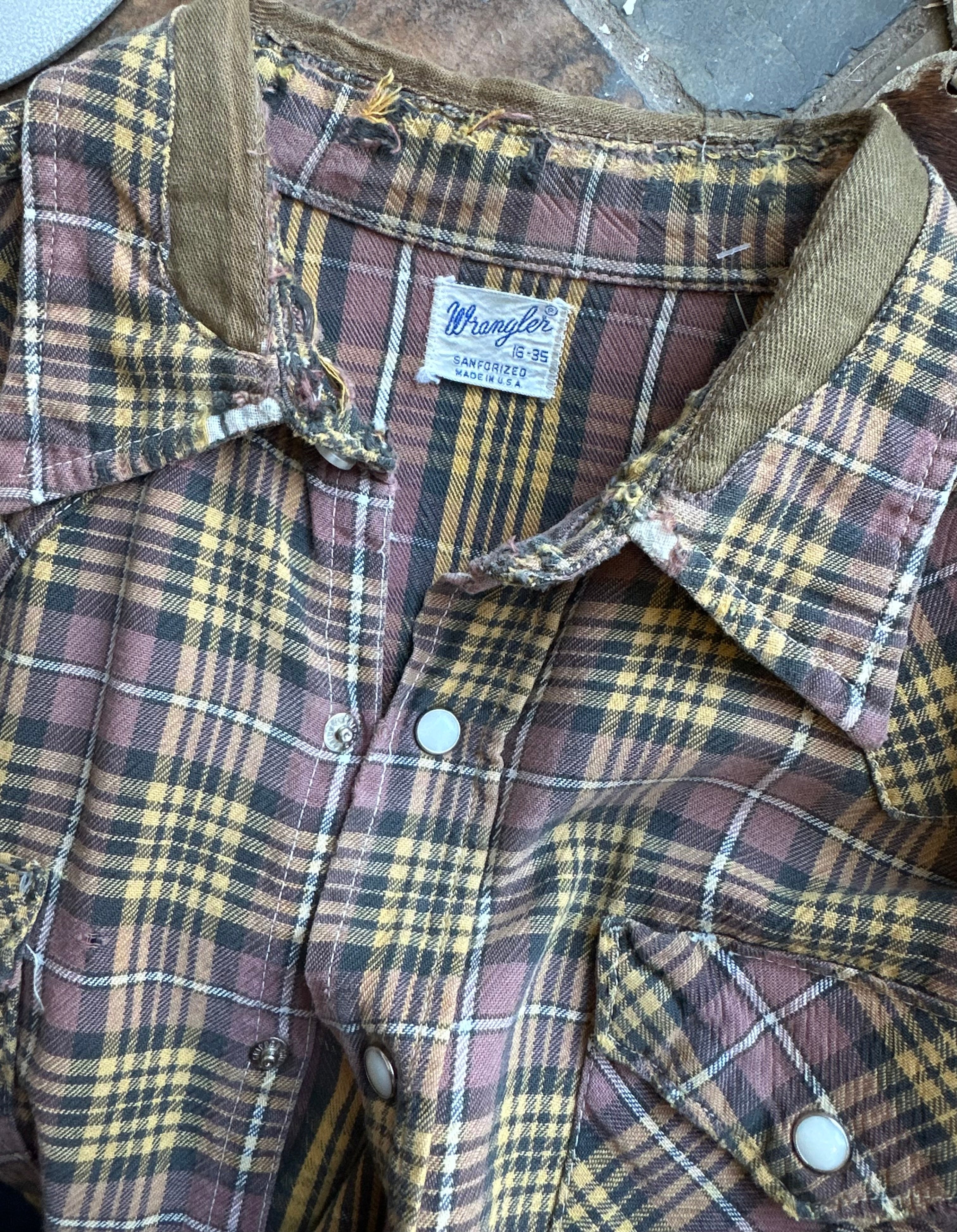 60s Wrangler brown plaid snap shirt