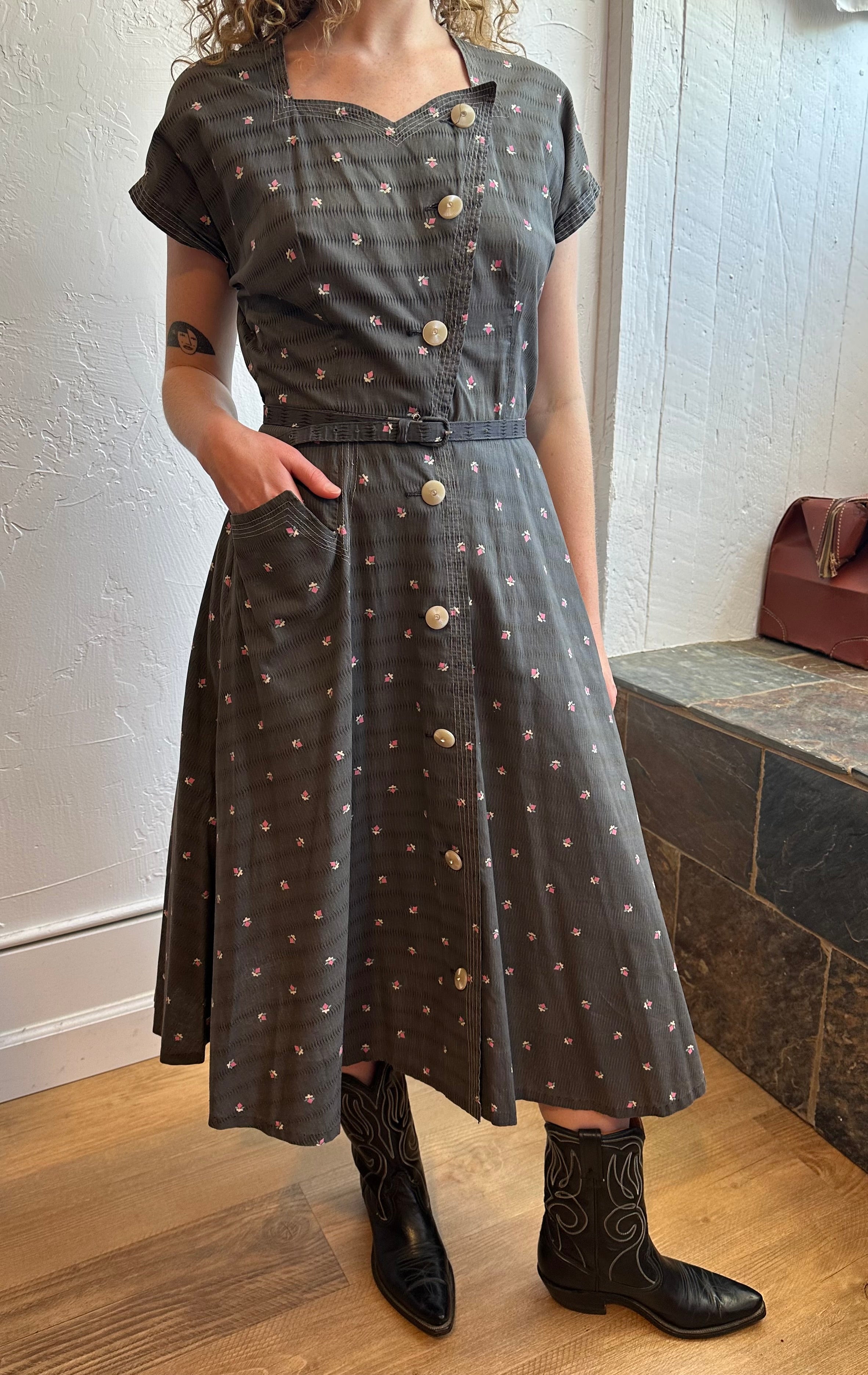 40s gray rose cotton button front dress