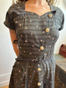 40s gray rose cotton button front dress
