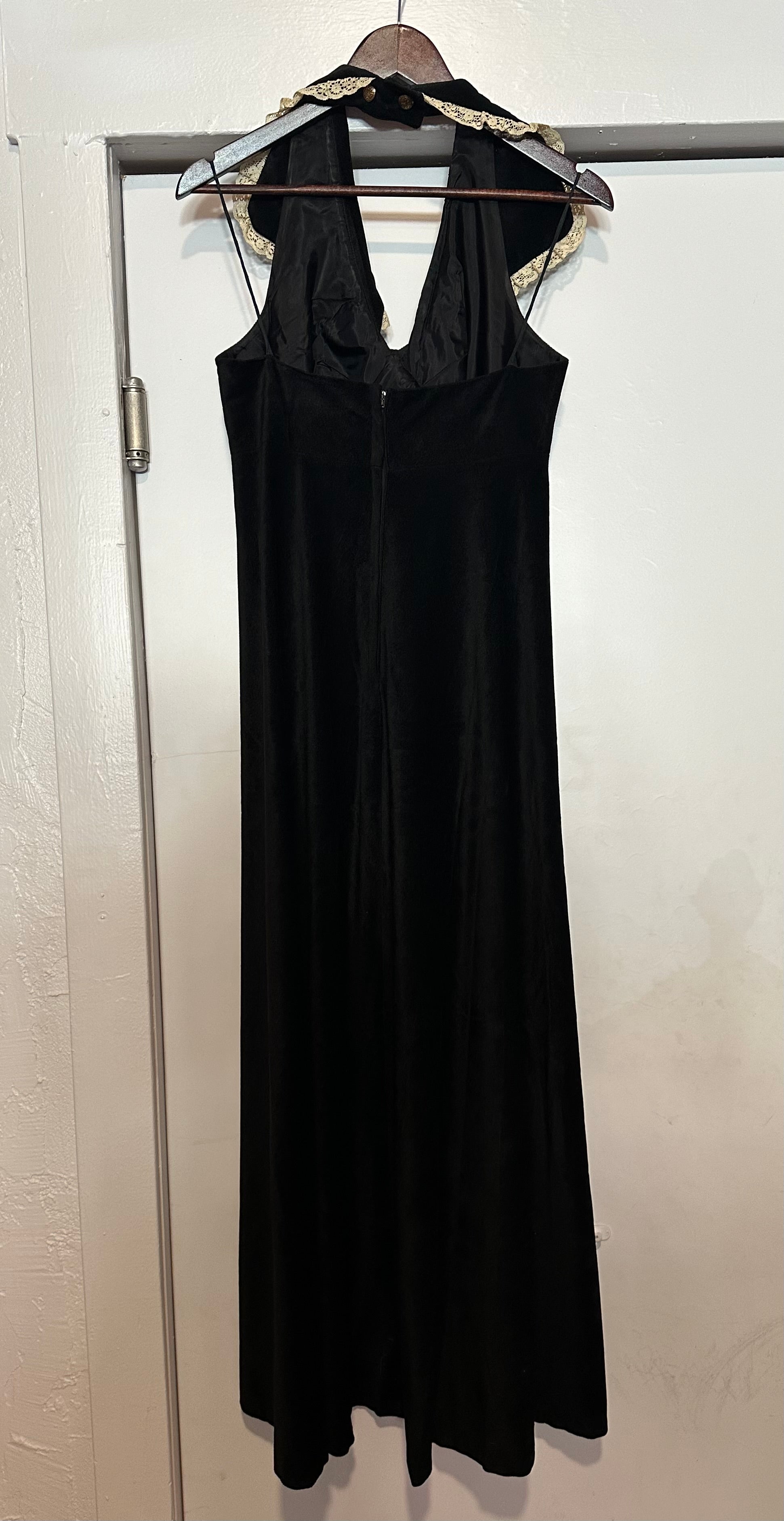 70s Byer black halter maxi w/collar