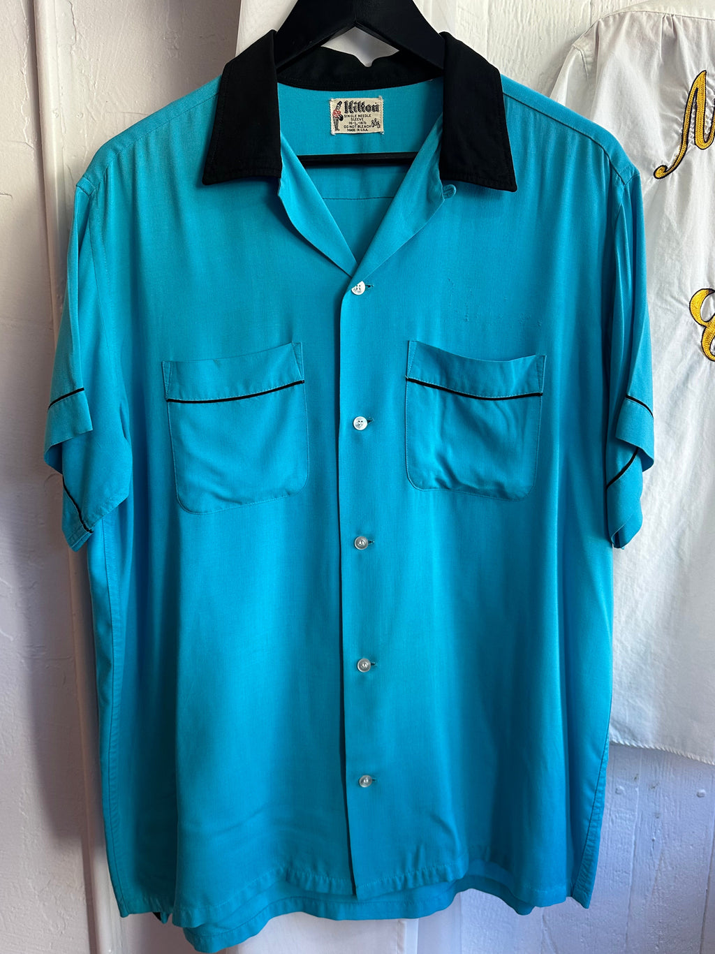 50s Hilton teal/black chain stitched bowling shirt