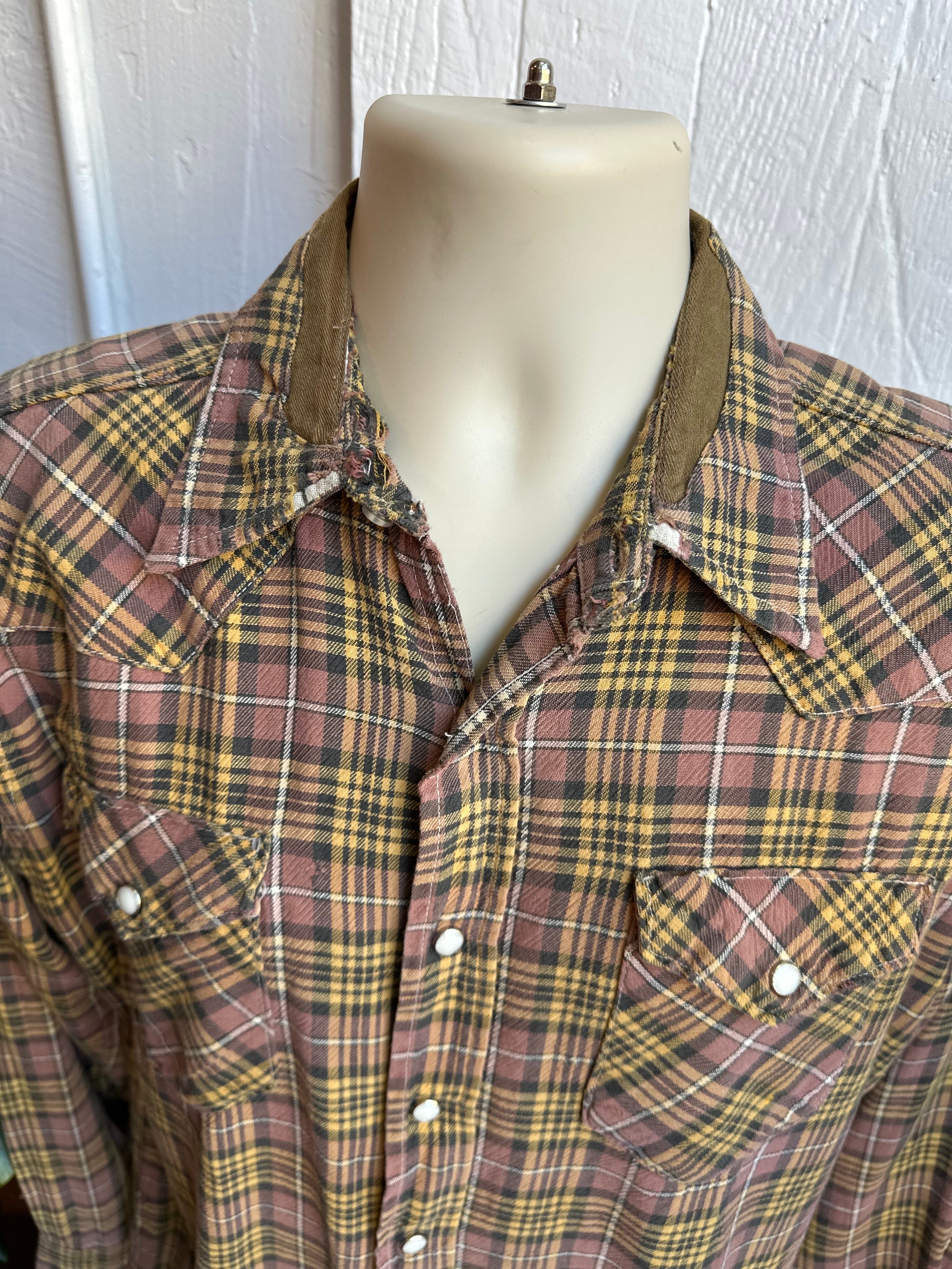 60s Wrangler brown plaid snap shirt