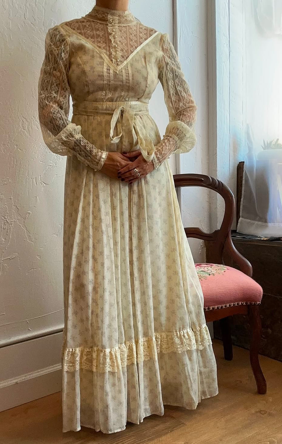 Gunne Sax high neck lace & floral long sleeve maxi dress
